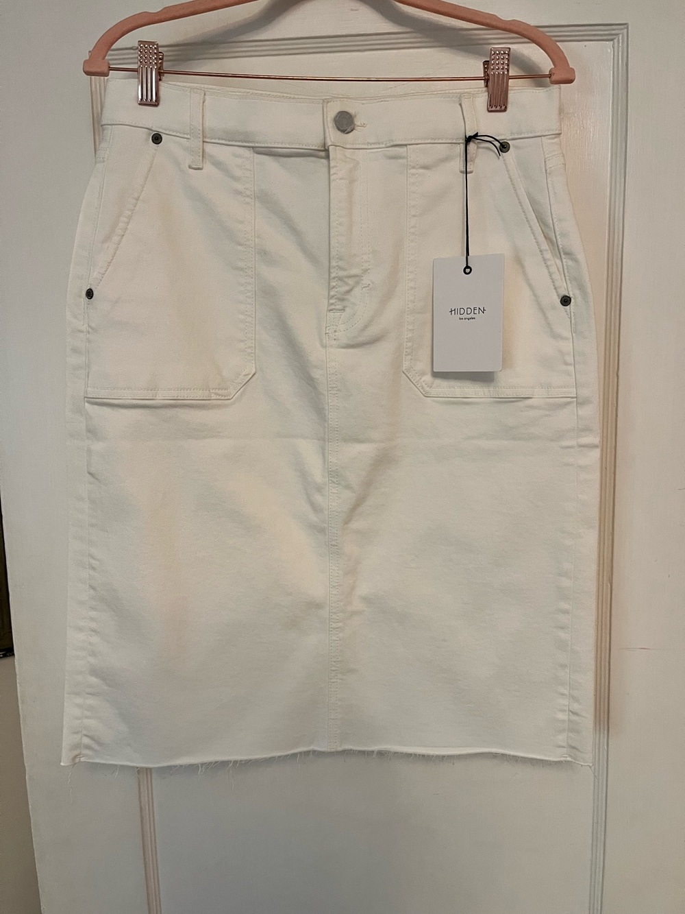 NTW “Hidden” White Denim Midi Skirt w Raw Hem